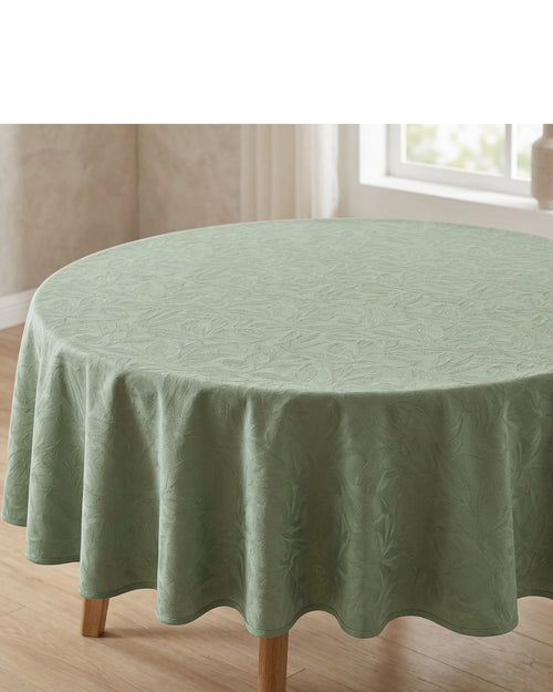 Liue Cotton Jacquard Round Tablecloth 70 in Sage Green - Lifestyle view