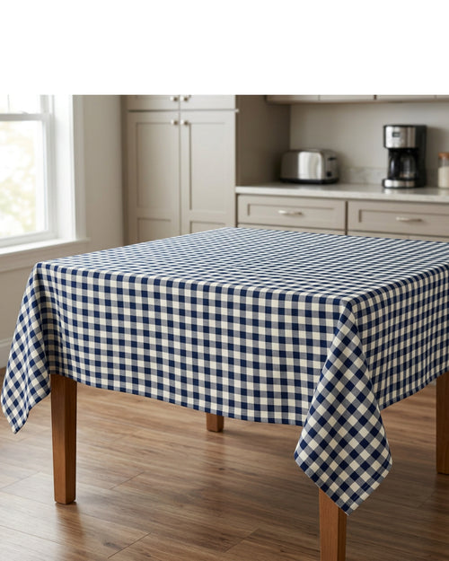 Liue Spill-Resistant Check Tablecloth 60 x 84 in Navy and Ivory - Lifestyle view