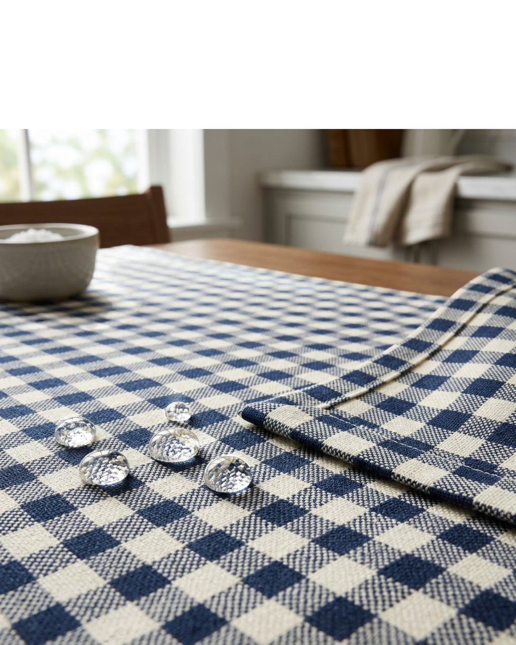Liue Spill-Resistant Check Tablecloth 60 x 84 in Navy and Ivory - Detail view